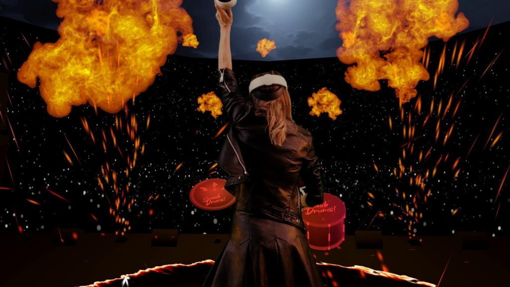 Mixed reality image of someone rocking out to Smash Drums.