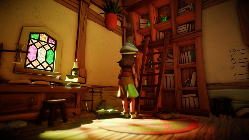 Inside a bookish house with a stained glass window and a ladder leaning against a cluttered bookshelf.