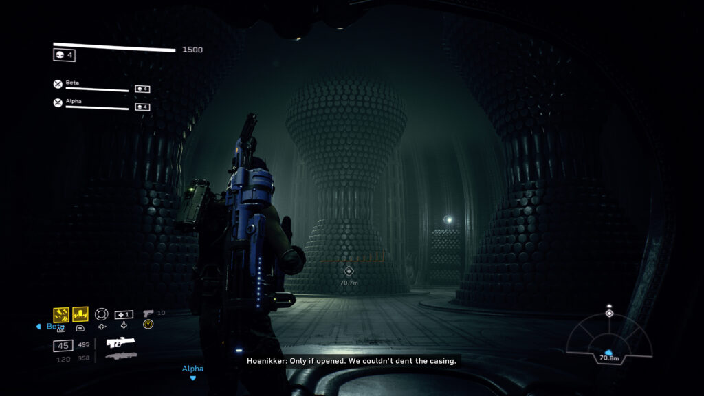 A Colonial Marine enters a room full of pathogen jars.