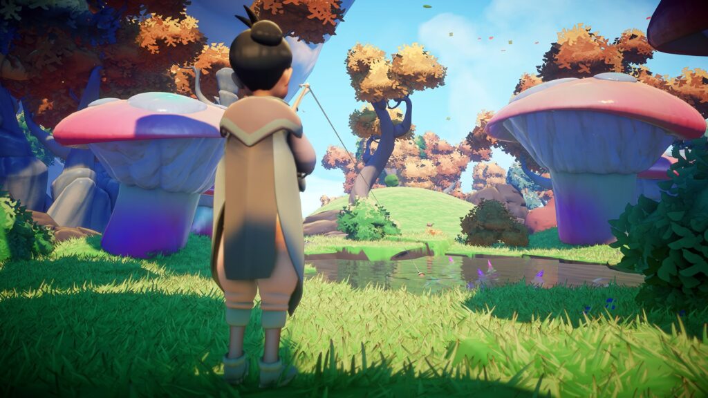 Fishing in a forest with giant mushrooms and orange leafy trees.
