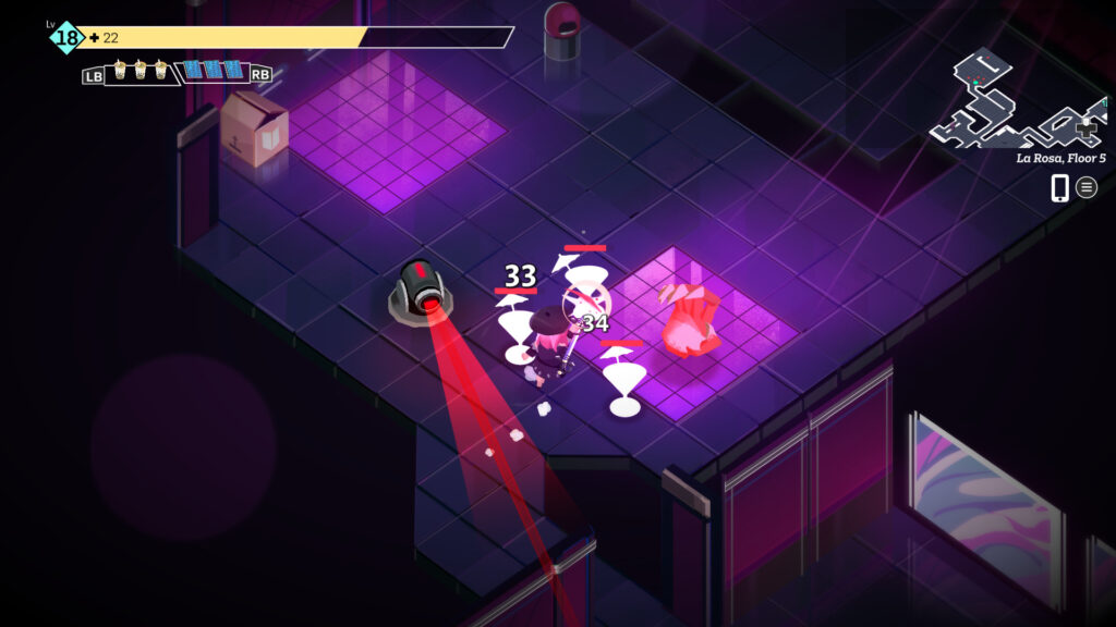 Pink haired girl in black attire is slashing at martini glasses, a clawed hand, and a cannon