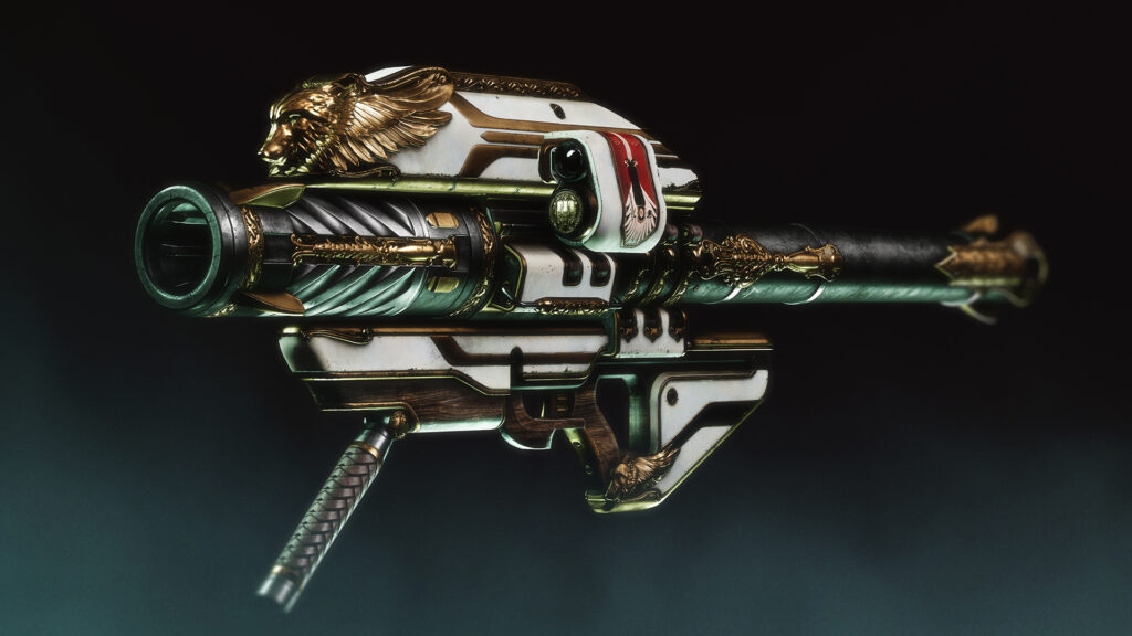 A large, intricately designed white and gold rocket launcher is on display against a black background.