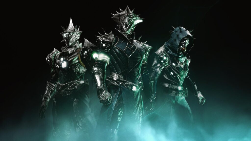 3 players stand wearing spiky metallic armour against a black background.