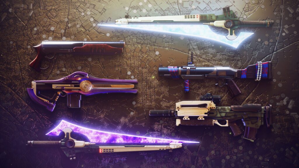 Two swords, a shotgun and other weapons are shown on display.