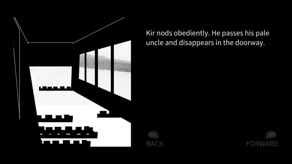 On the left is a classroom with high windows and rows of seats. On the right is the text: Kir nods obediently. He passes his pale uncle and disappears in the doorway.