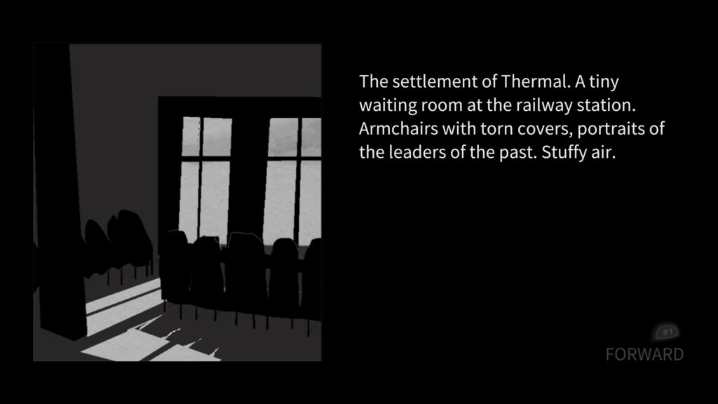 On the left is an empty waiting room with tall windows and rows of chairs. On the right is the text: The settlement of Thermal. A tiny waiting room at the railway station. Armchairs with torn covers, portraits of the leaders of the past. Stuffy air.