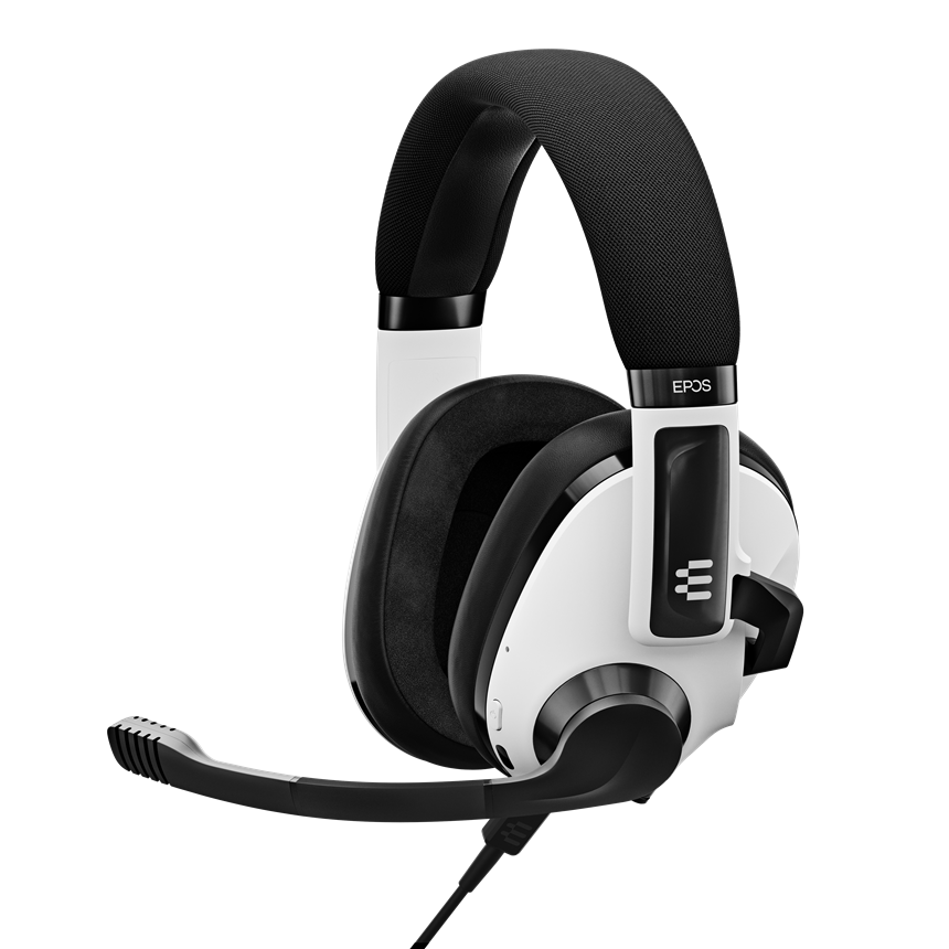 A black and white headphone with the words EPOS grained into the side.
