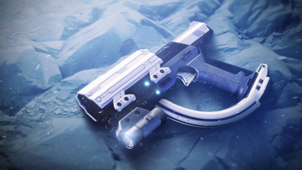 A smooth white pistol rests on a glacial rock as snow falls around it.