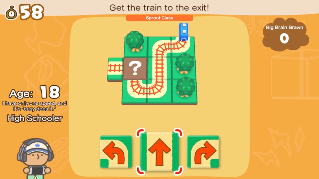 A picture of a train track with squares going left, up and right.