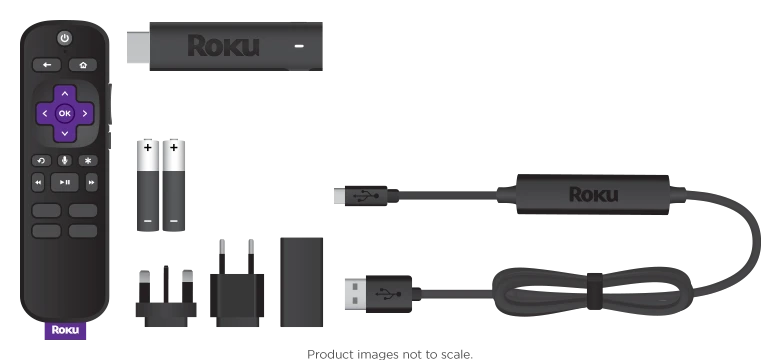 A look into what is included with the Roku 4K including a purple remote, two battereis and a plug. 