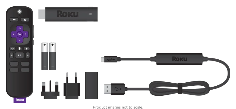 A look into what is included with the Roku 4K including a purple remote, two battereis and a plug.
