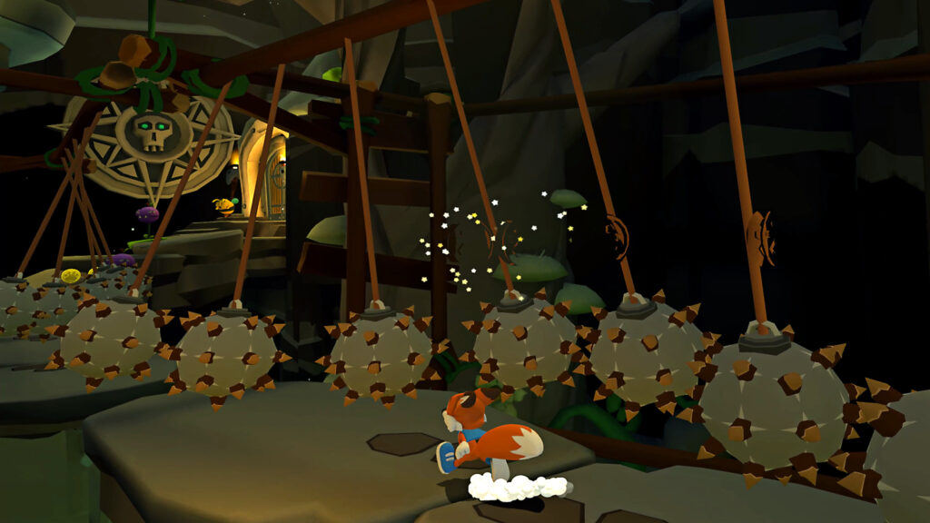 Lucky runs through swinging boulders that look like underwater mines