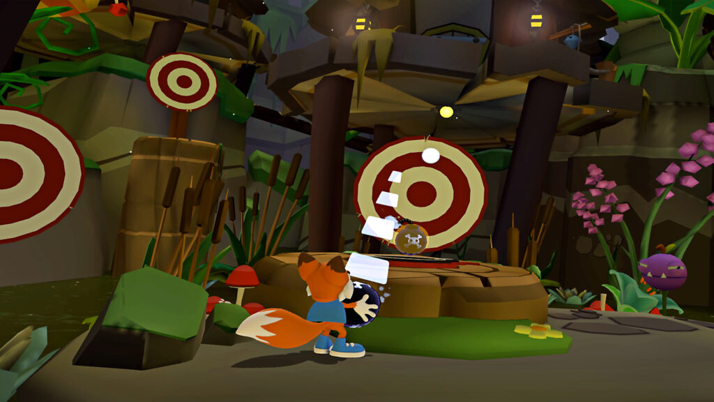 Lucky fires bombs towards a target