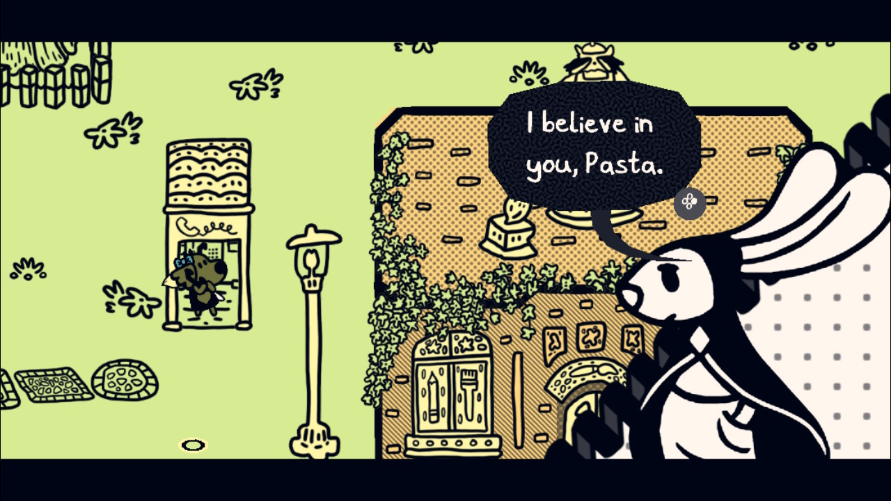 My character stands at a phone box, with Chicory on the line in the corner saying 'I believe in you Pasta!'