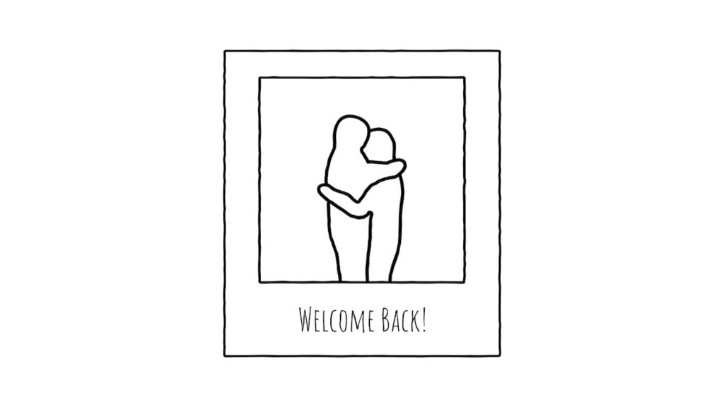 a photo of two men hugging saying welcome back