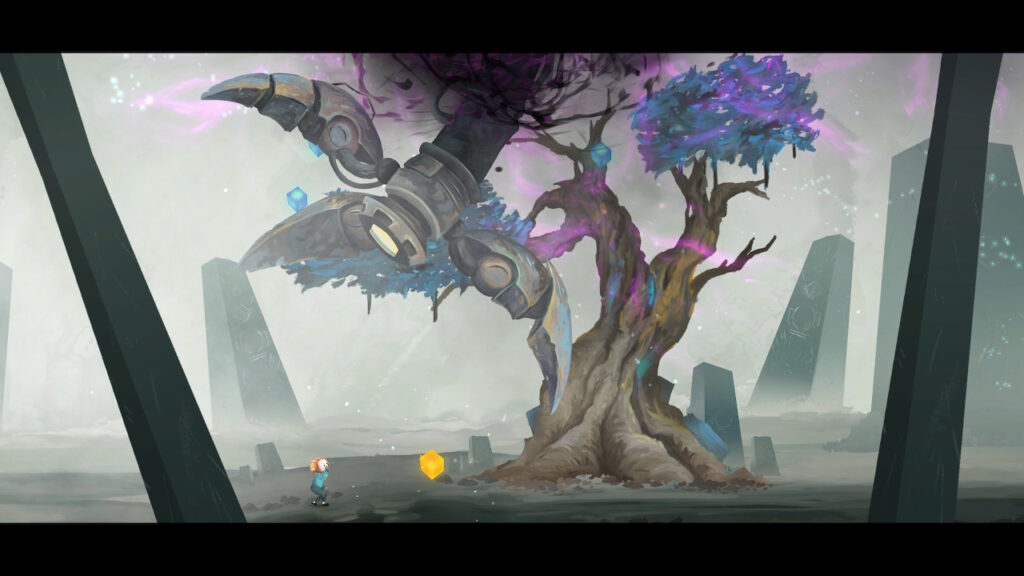 giant metal arm taking over a tree and crushing it while a little character watches in despair