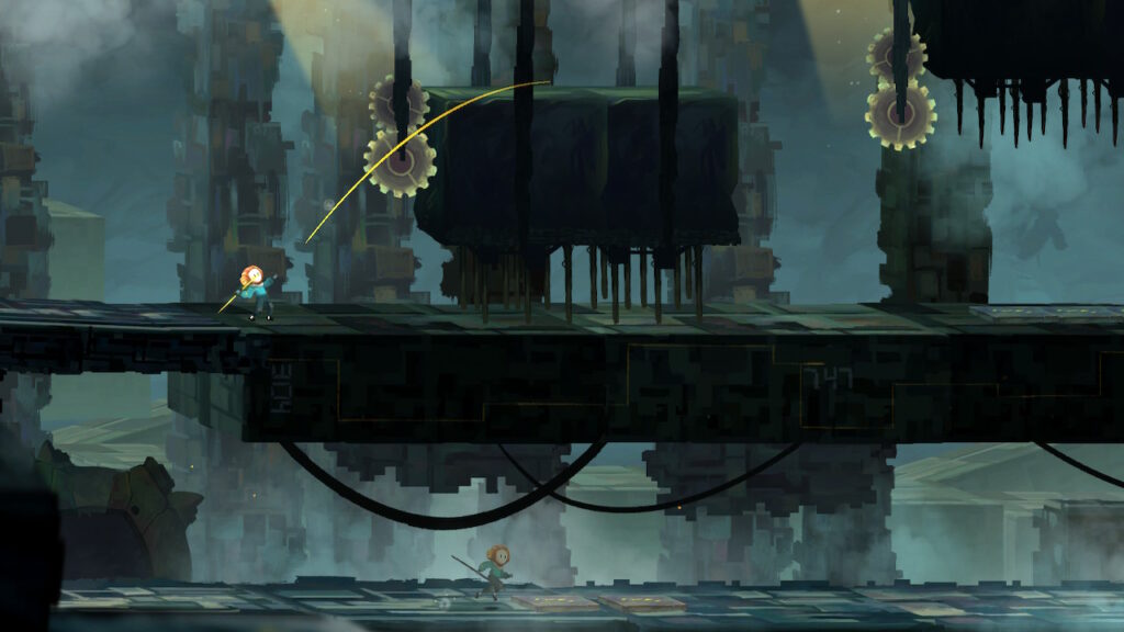 guy throwing javelin into a set of gears