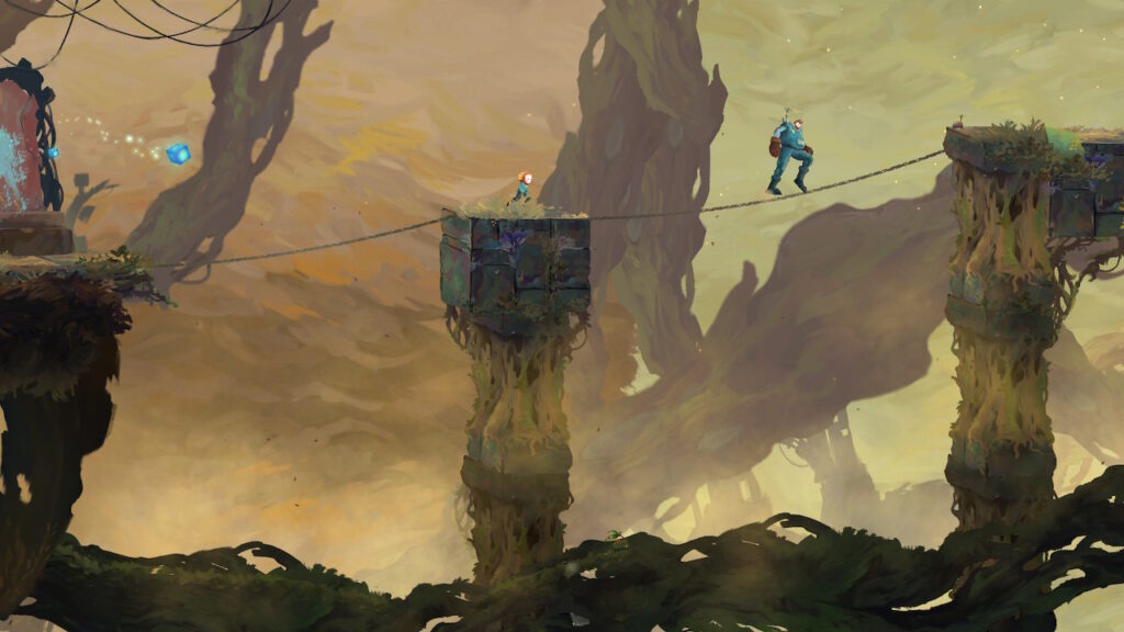 little guy is following a massive cat on a chain rope