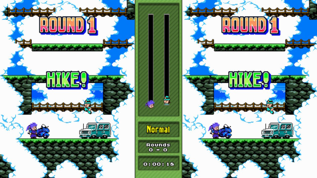 Light blue character jumping while a purple character remains on the ground. The text "Round one, hike" is displayed