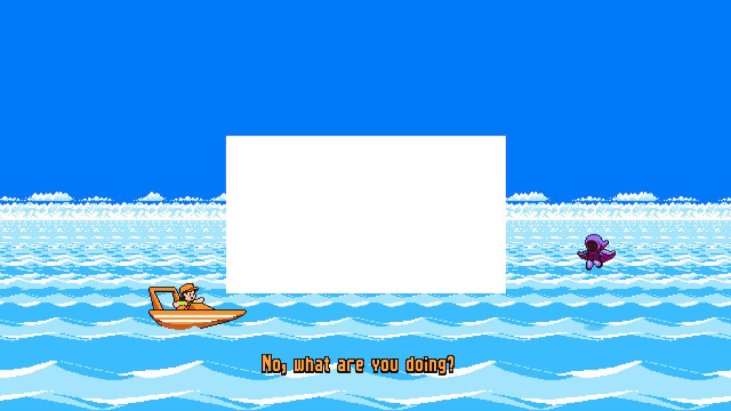 cloaked figure deleting the island from view. an orange character reaches out in despair
