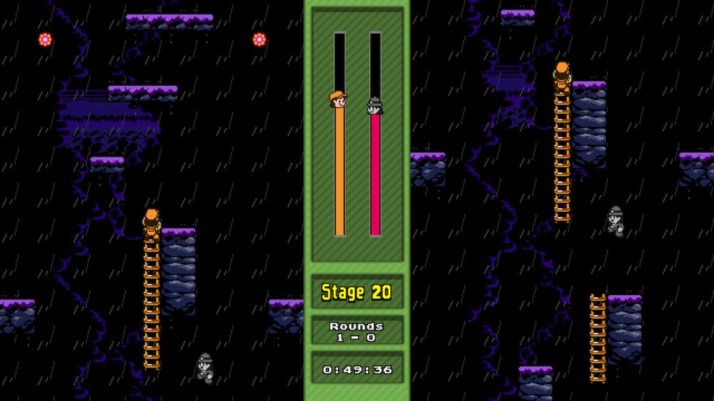 orange character climing a ladder while a grey character jumps towards the ladder