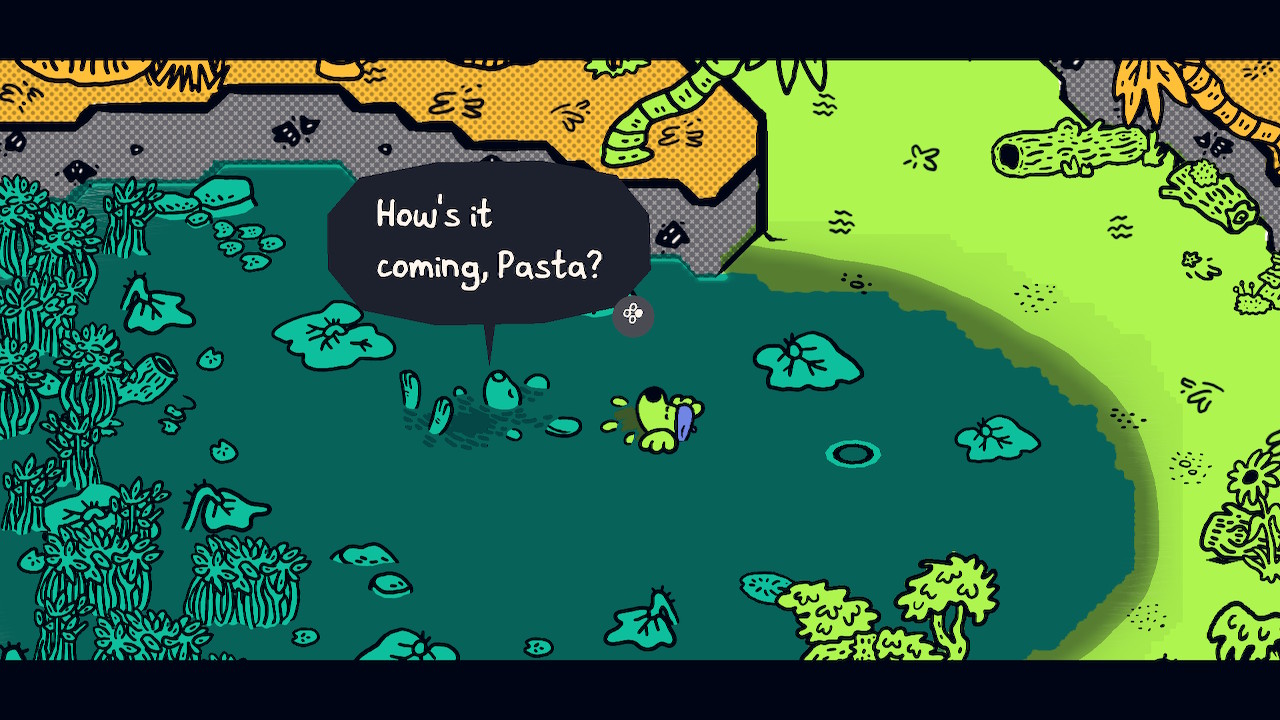 Chicory and the dog main character float in a green lagoon, with Chicory asking 'How's it coming, Pasta?'