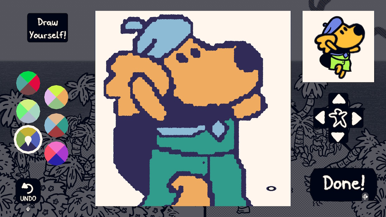 A canvas with colour wheels next to it, where I have drawn my version of the dog main character.