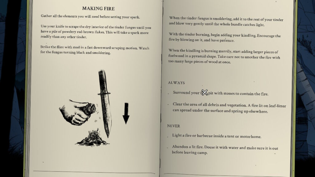 A book is shown, detailing the important steps required when making a fire.