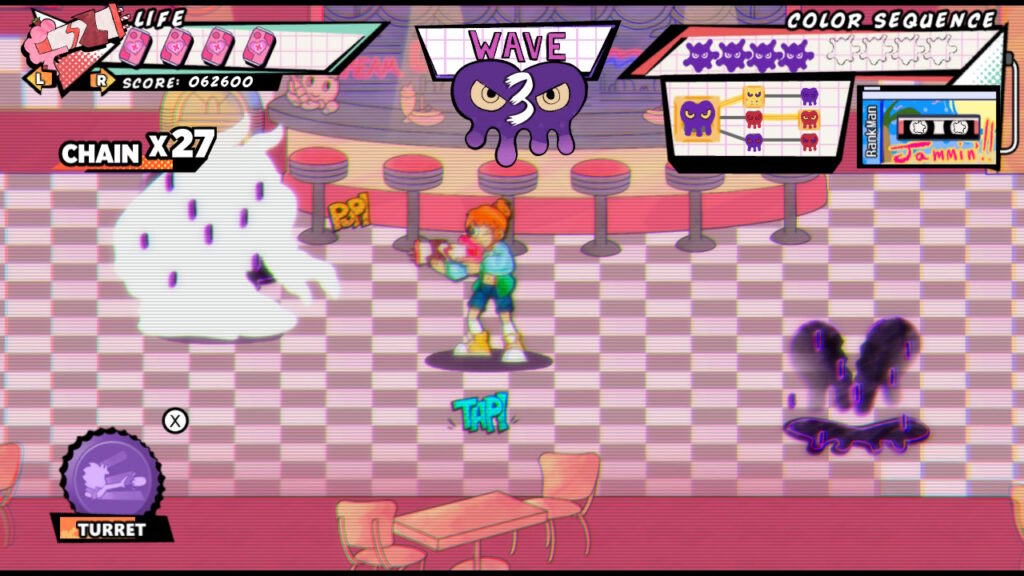 girl aiming at a monster who is to her left