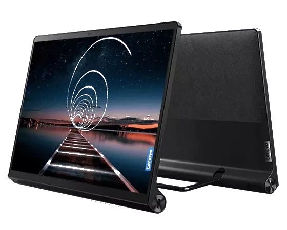 An image of the large small side bezels of the Yoga Tab 13's screen with a light sculpture in the sky.,
