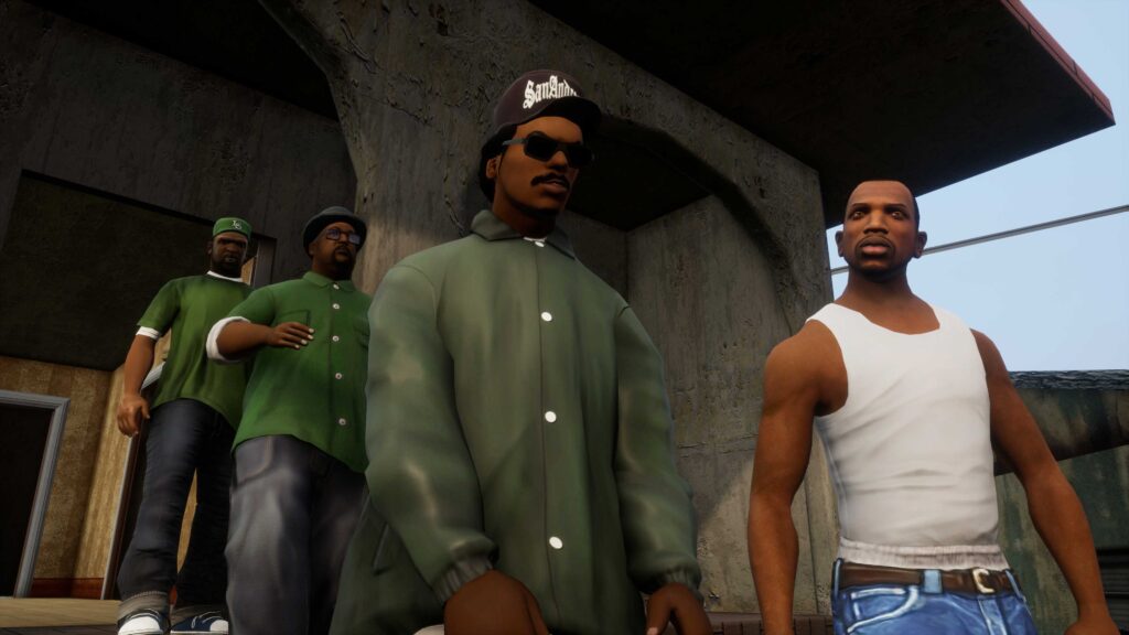 CJ and other members of the Grove Street Gang leave their base.
Grand Theft Auto: The Trilogy - The Definitive Edition Review