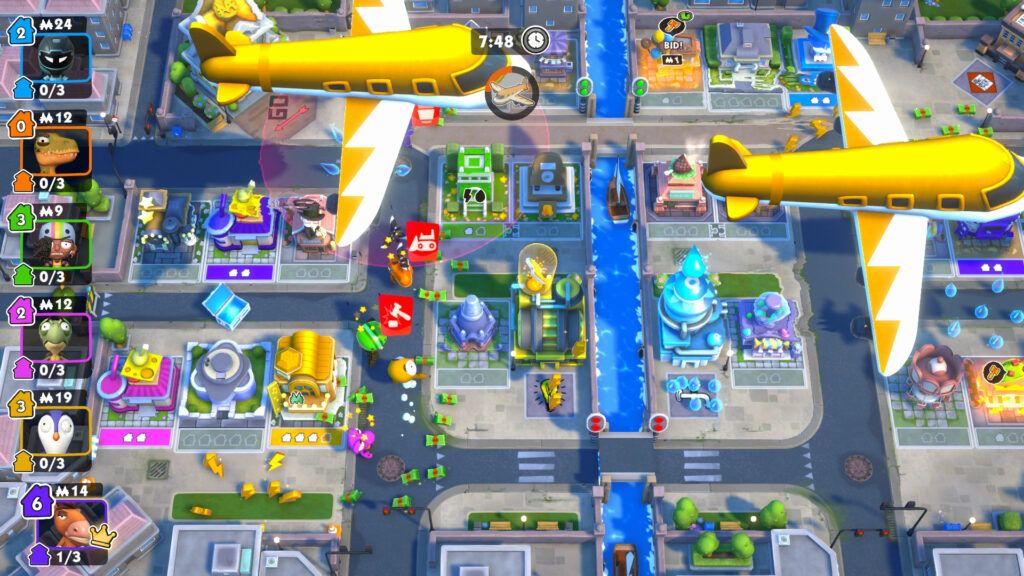 planes flying above the city with money, resources, and chests scattered throughout