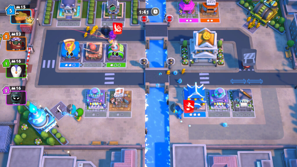 many characters walking about a city with different buildings and a drawbridge in the center