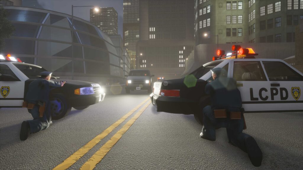 two policemen are crouching behind two police cars as a suspicious van approaches