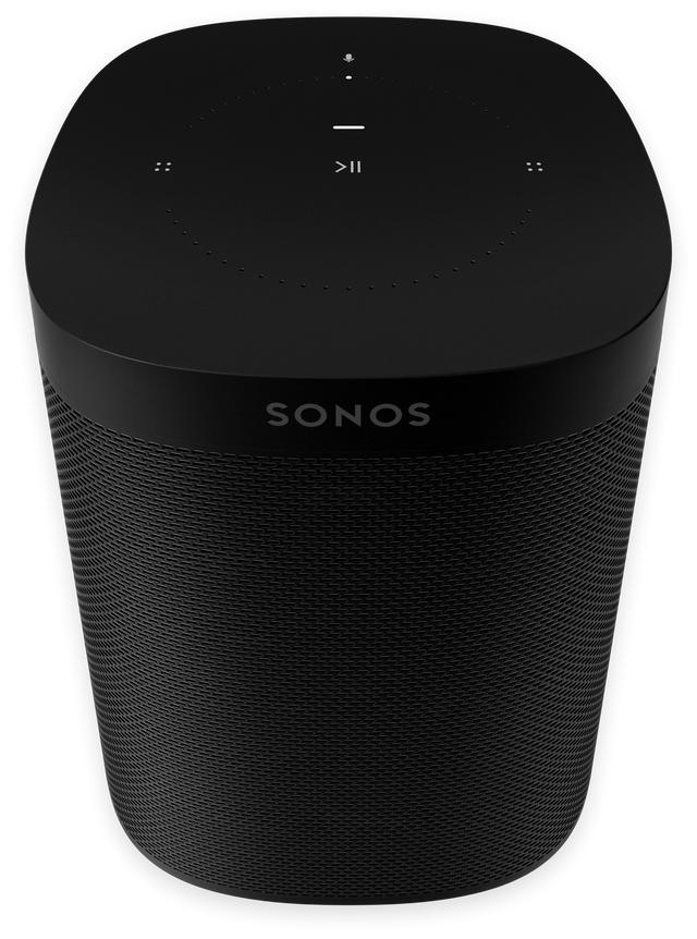 A view of the Sonos One showing the top buttons and the speaker face