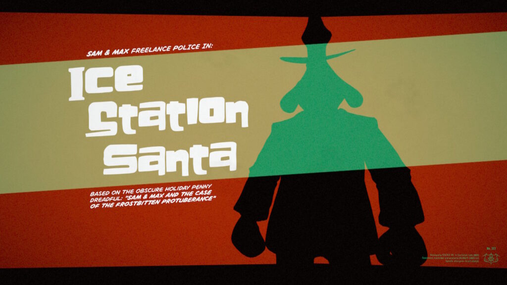 A title card with the text 'Ice Station Santa' and the silhouette of a dog detective
