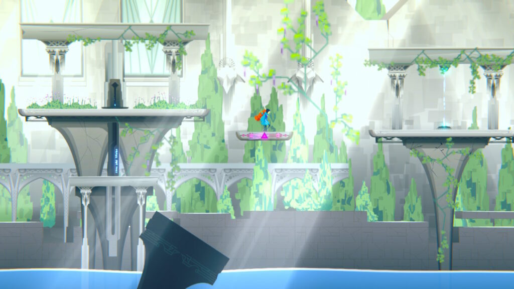 ina is standing on a platform with a pink arrow on it that is moving from side to side