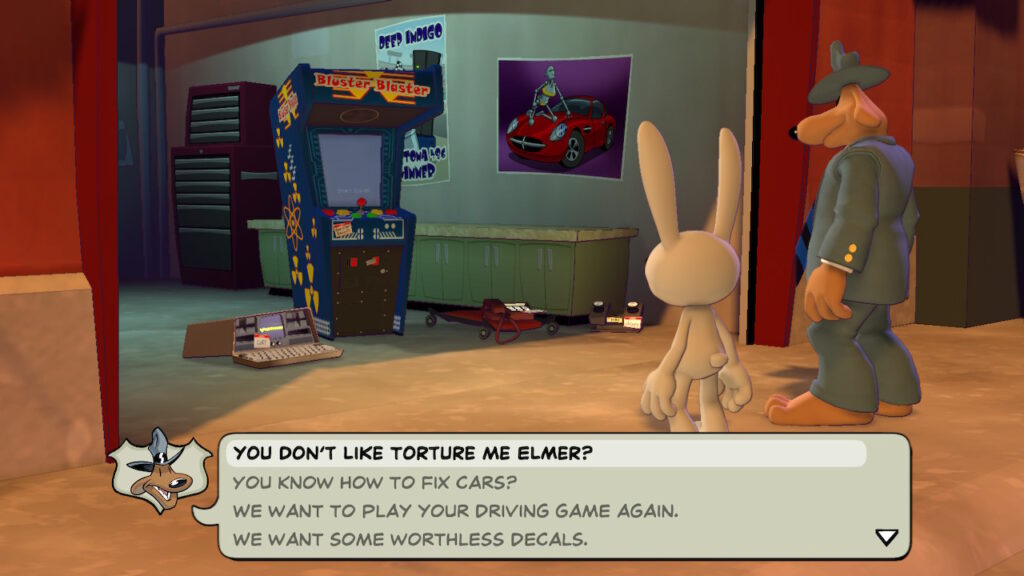 Sam and Max stand in front of an arcade video game machine