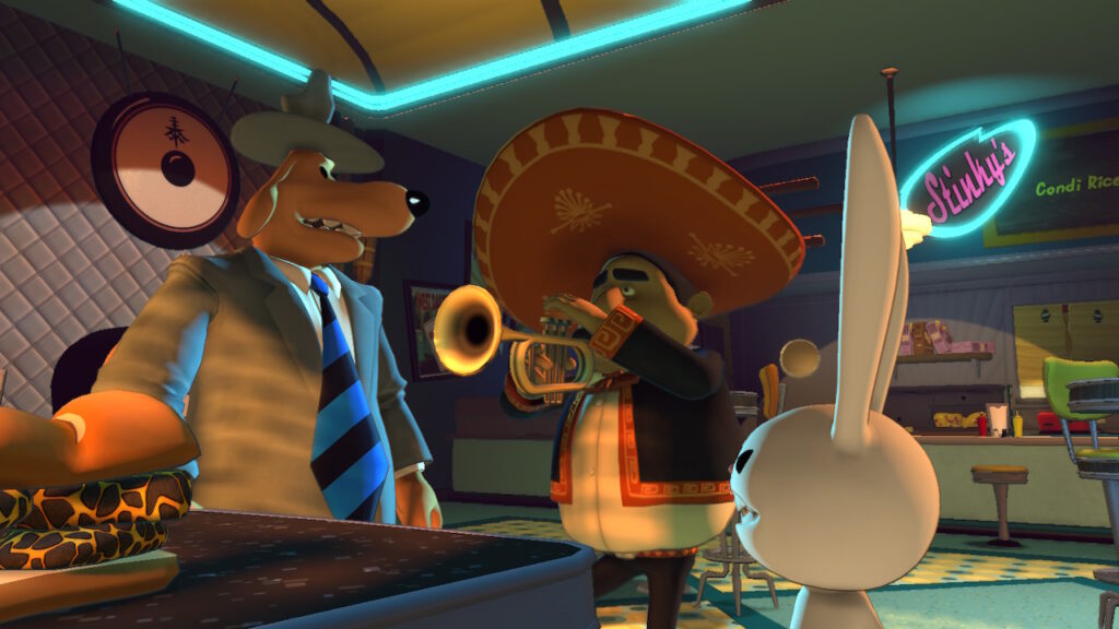 Sam & Max stand in a diner with a man playing a trumpet and wearing a sombrero
