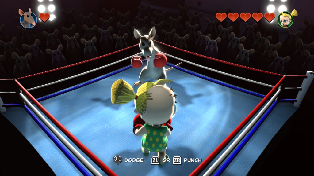 Two characters face off in a boxing ring