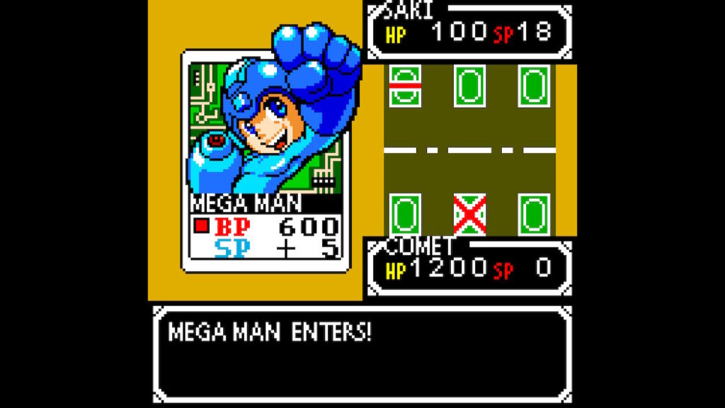 Mega Man is shown next to a variety of green cards on a playing field