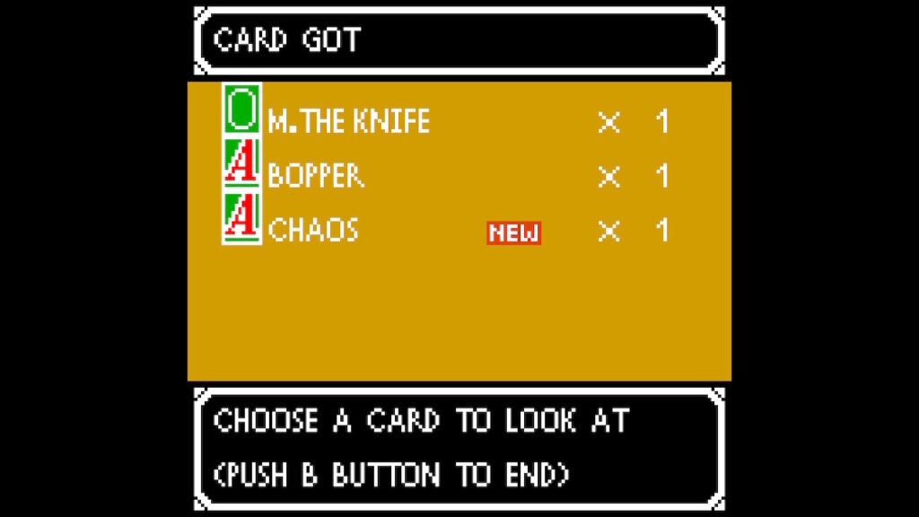 Text showing what cards were earned from the previous fights