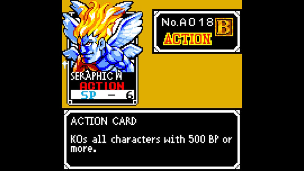 Description for the card Seraphic W. It is an action card that kills all characters with 500 BP or less.