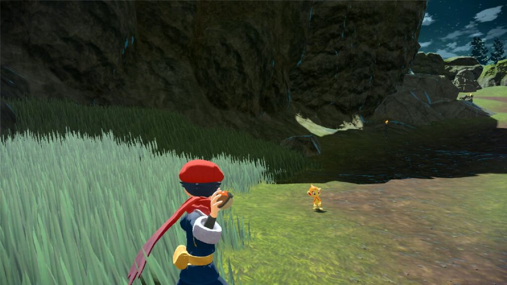 The protagonist gets ready to throw a Pokéball at a wild Chimchar.