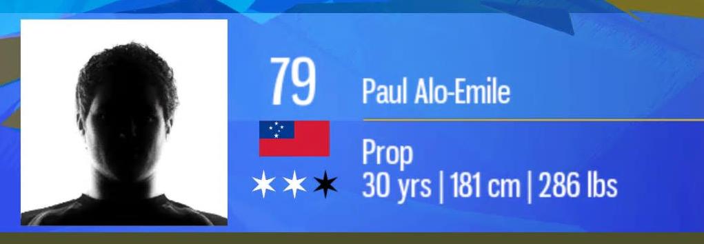 A player information card for Paul Alo-Emile, the image of the player is in dark shadow