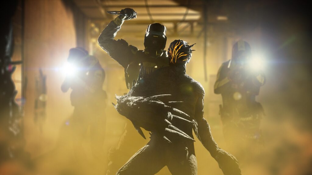 Rainbow Six Extraction - player stealth killing an Archean whilst two team mates aim towards the camera