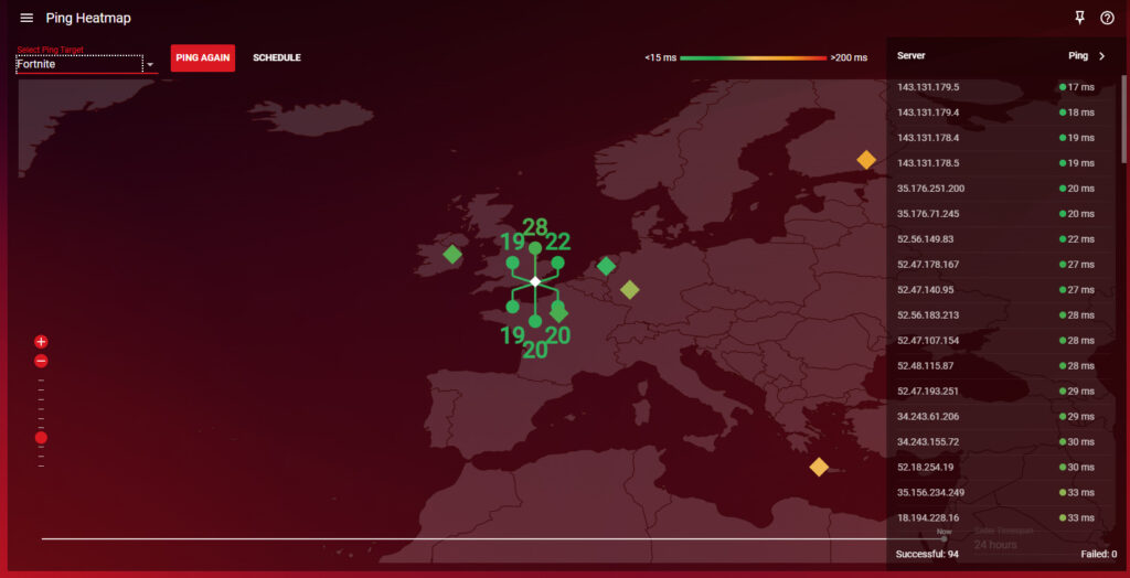The Ping Map showing servers for Fortnite across the world