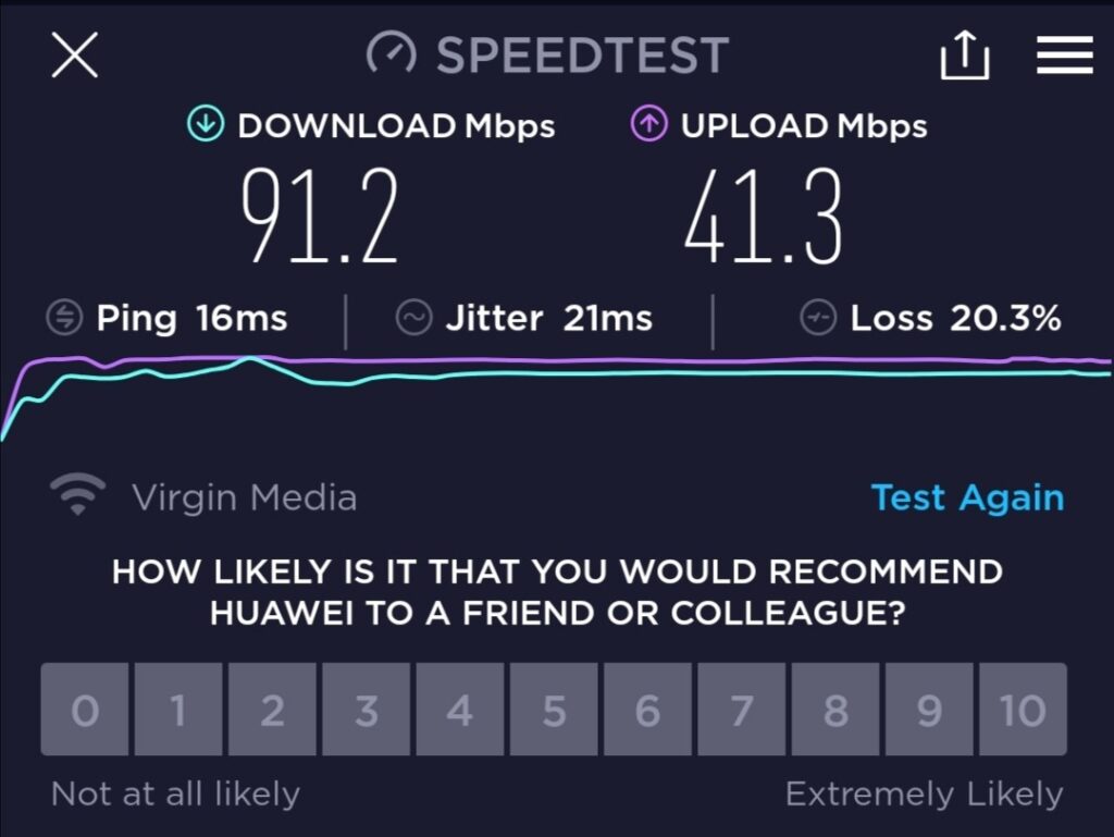 The Speedtest app showing my download and upload speeds from my Virgin Media router.