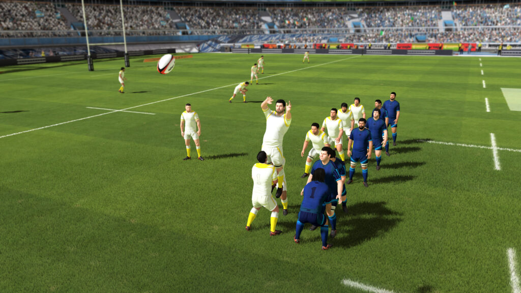 A rugby ball is flying through the air towards two teams in a lineout, one player is jumping up, assisted by a teammate, to receive the ball