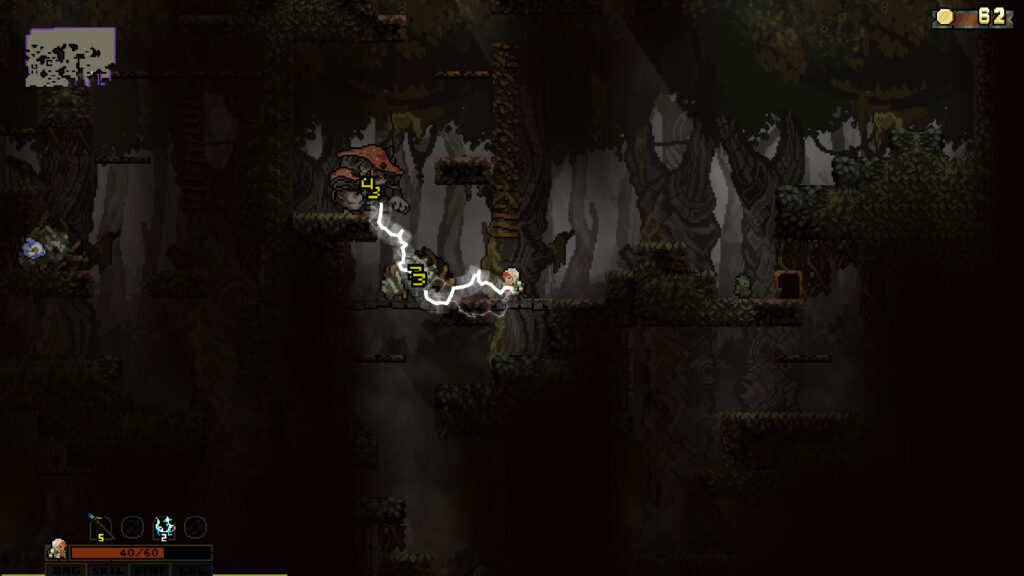 Vagante Screenshot - Mage Character Fighting Mushroom in Forest With Lightning